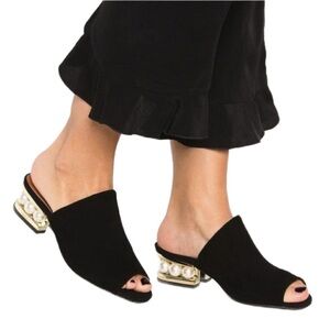 Jeffrey Campbell Black Suede Slides With Large Pearl Accent Size 8.5 NWOT